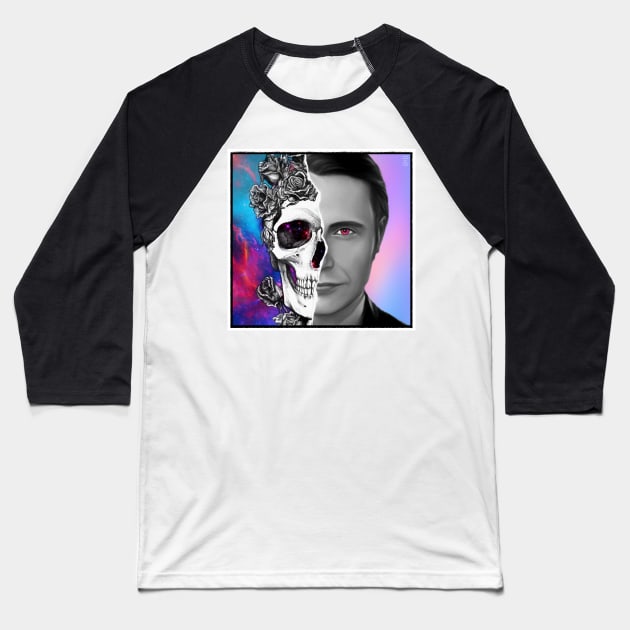 Psychedelic Space Hannibal with Rose Skull Baseball T-Shirt by OrionLodubyal